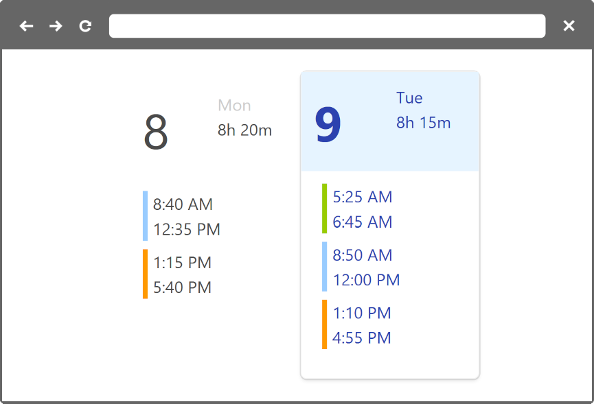 Multiple time blocks across two days.